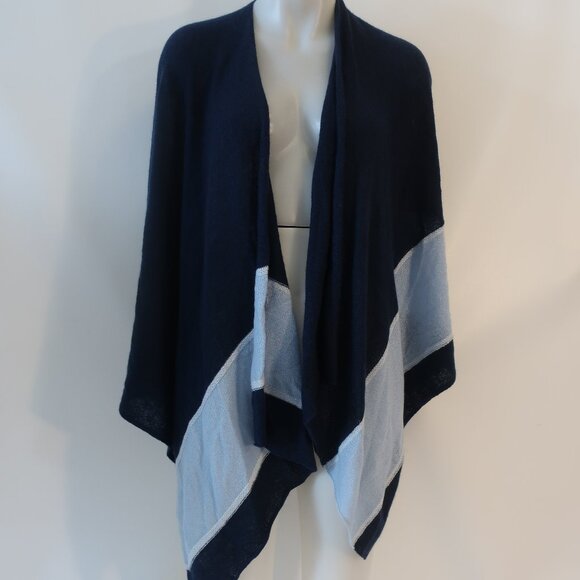 Women J. McLaughlin Navy Blue Light Blue Pure Cashmere Colorblock Shawl Wrap OS - Picture 5 of 12